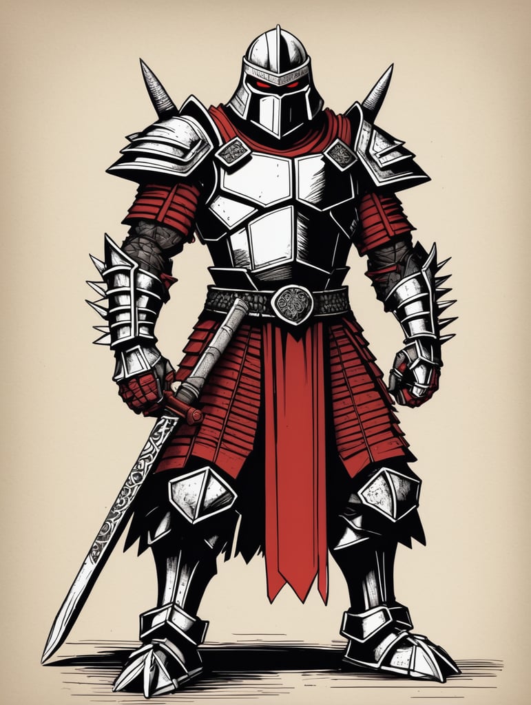 Detailed pen and ink illustration of shredder from tmnt, full body, detailed anthropology, minimalist background, by herge, in the style of tin-tin comics, black and red, detailed, high quality