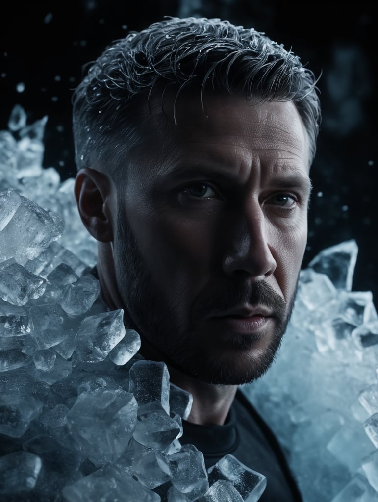 Portrait of a Translucent man made from the ice, organs are visible through the ice