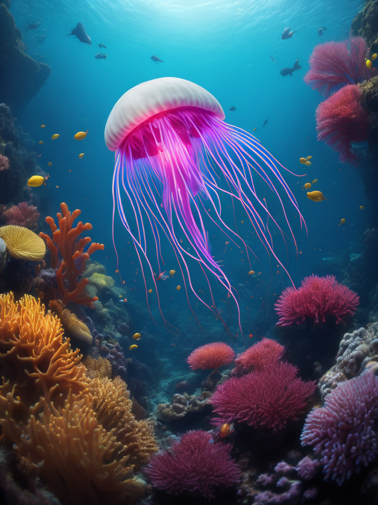 Neon jellyfish swimming in the sea against the background of corals and marine fauna, ultra realistic, super highly detailed,