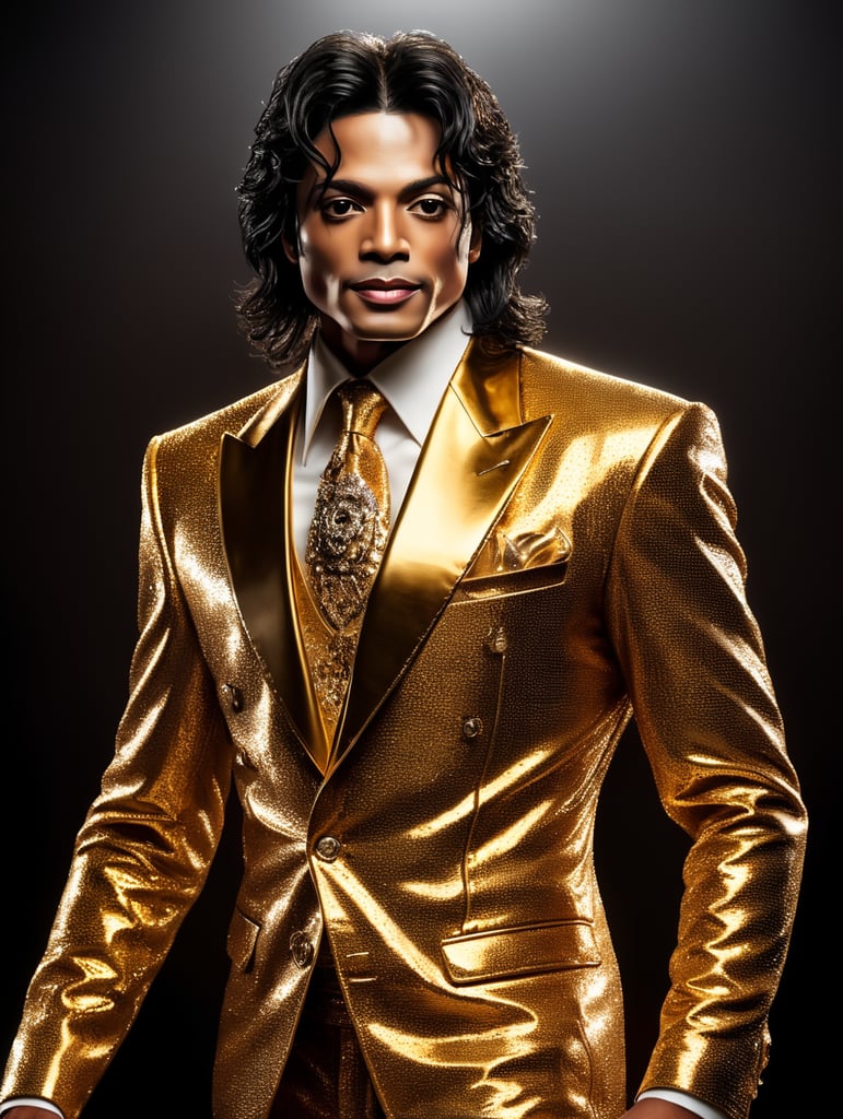 Portrait of Michael Jackson dressed in golden chrome suit, dark gradient background, Vivid saturated colors, Contrast light, studio photo, professional photo, Detailed image, detailed face
