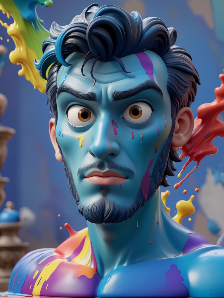 greek male bust with colorful paint, melted, the paint is flowing, aesthetic background