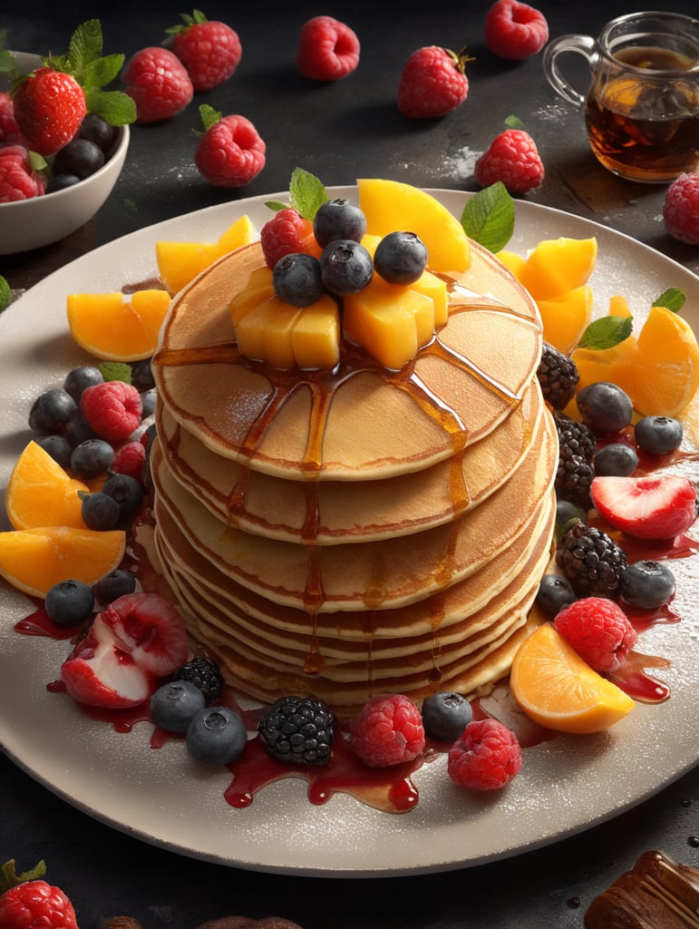 high quality cinematic food explosion, pancake with fruits, natural background