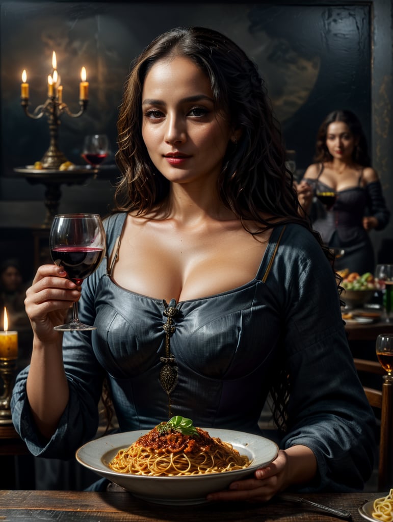 monalisa painting holding a glass of wine while having a plate of spaghetti as lunch