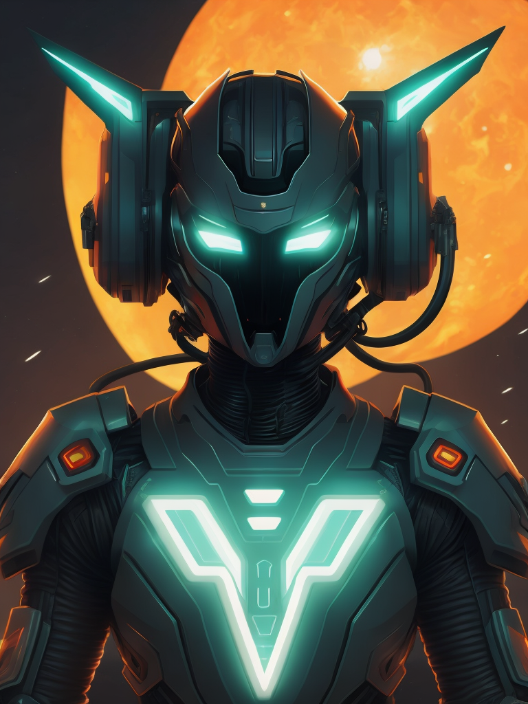 green monochromatic avatar vector illustration of a vibrant and animated female language instructor, centered, green eyes robotic helmet electronic, machine futuristic, abstract shape, flat, 2d, at the style of malika favre, #0648FE, 8k, akira style design, neon city, spaceship grey blue and red, moon tech station, black solid suit tech