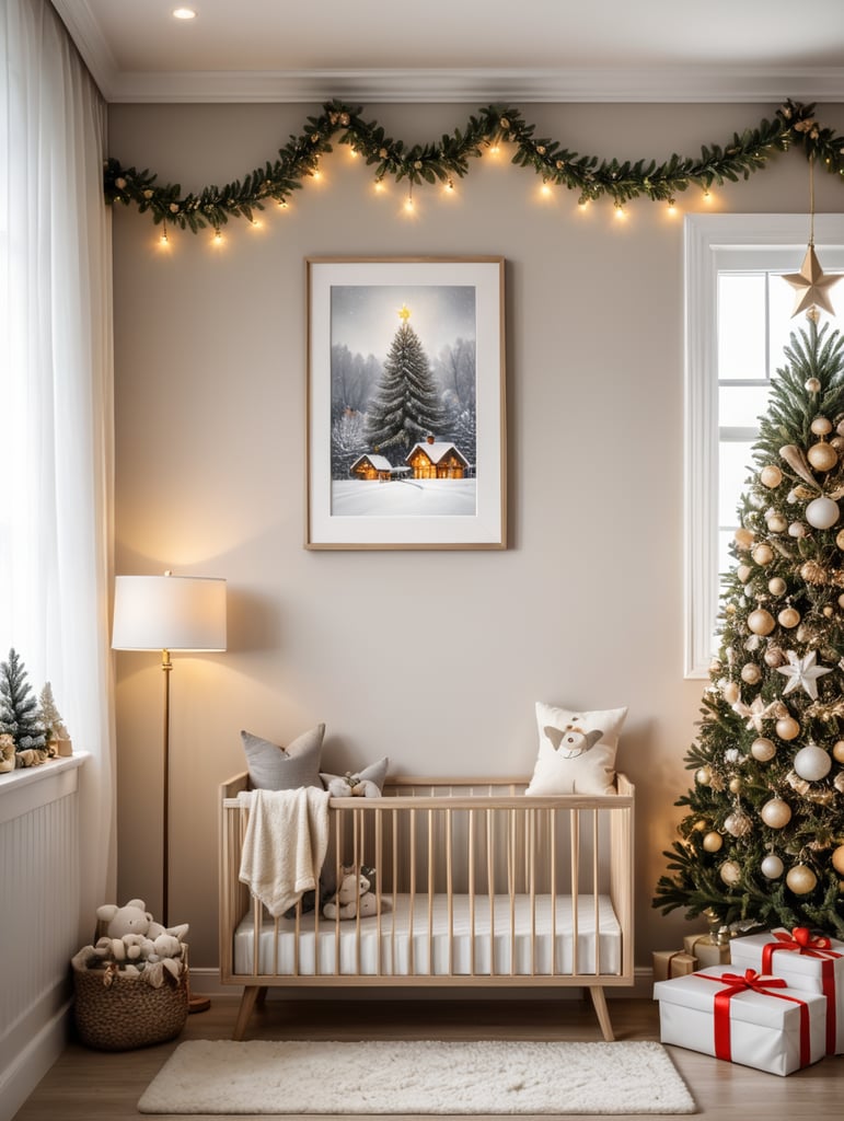 vertical frame wall mockup, nursery with christmas decorations, neutral colors and christmas lights