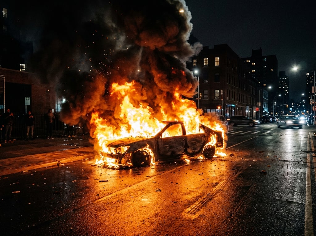 A dramatic night scene of a car engulfed in intense flames on a city street, emitting thick smoke and casting a fiery glow on the pavement.