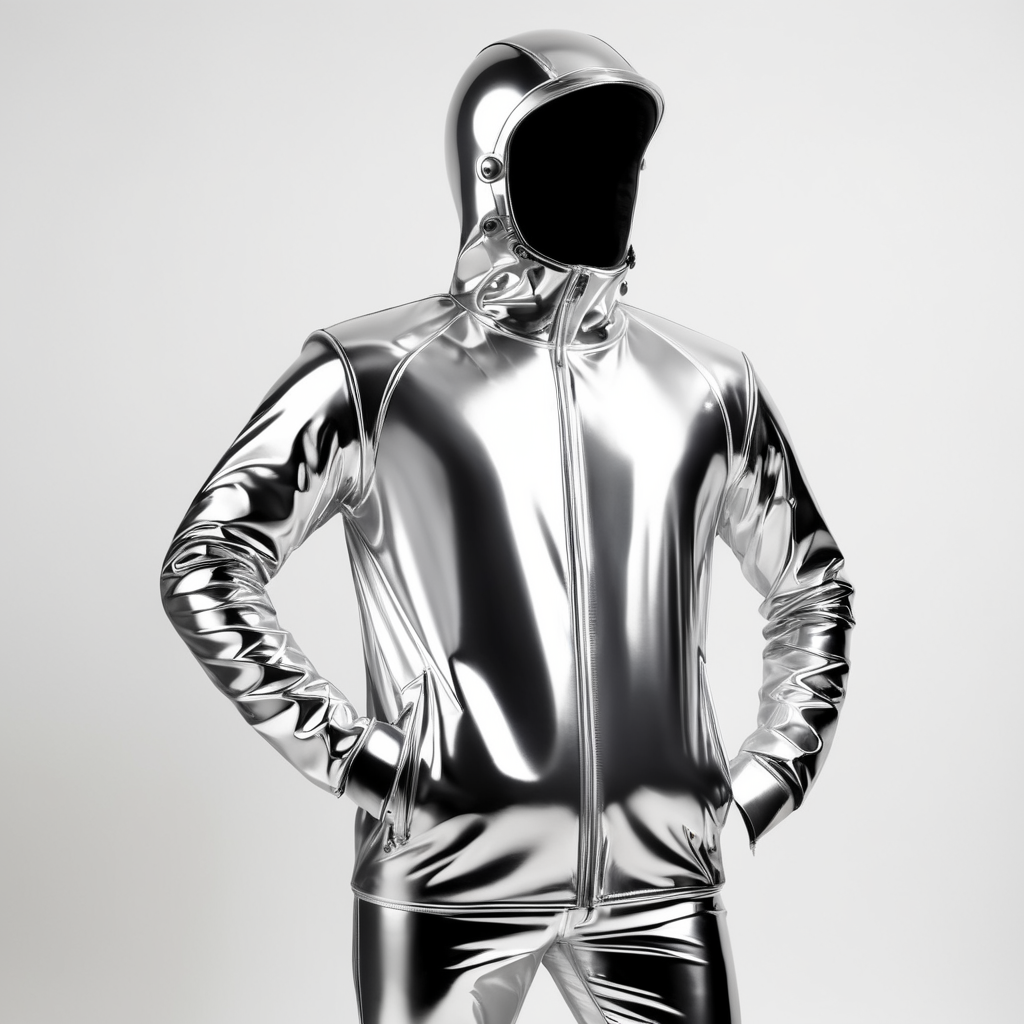 A realistic photo of a chrome shiny jacket on a invisible mannequin, coverall with reflective material, isolated, white background