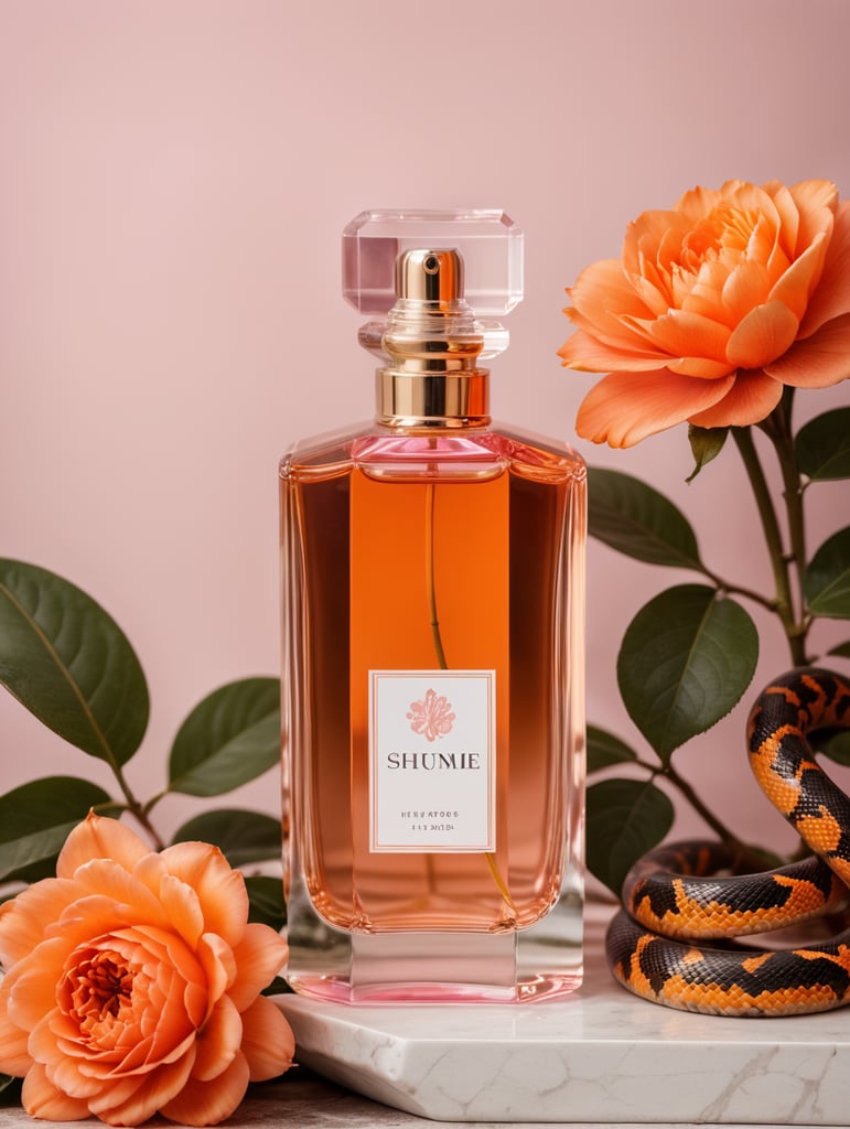 Pink and orange Floral background with snake and modern perfume bottle with blanc white label