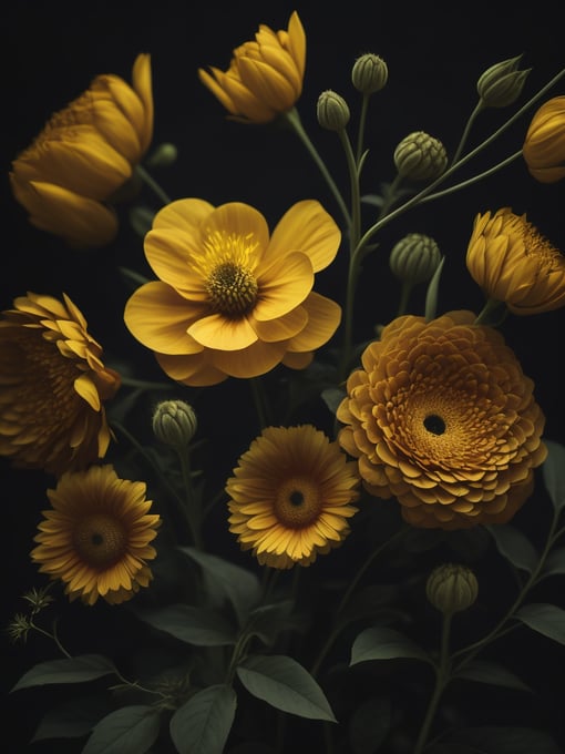 yellow flowers, dark atmosphere, deep colors, clear details