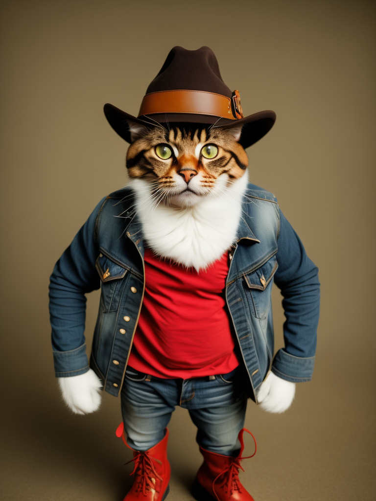 cat in blue jeans and a red t-shirt with a cowboy hat and green boots