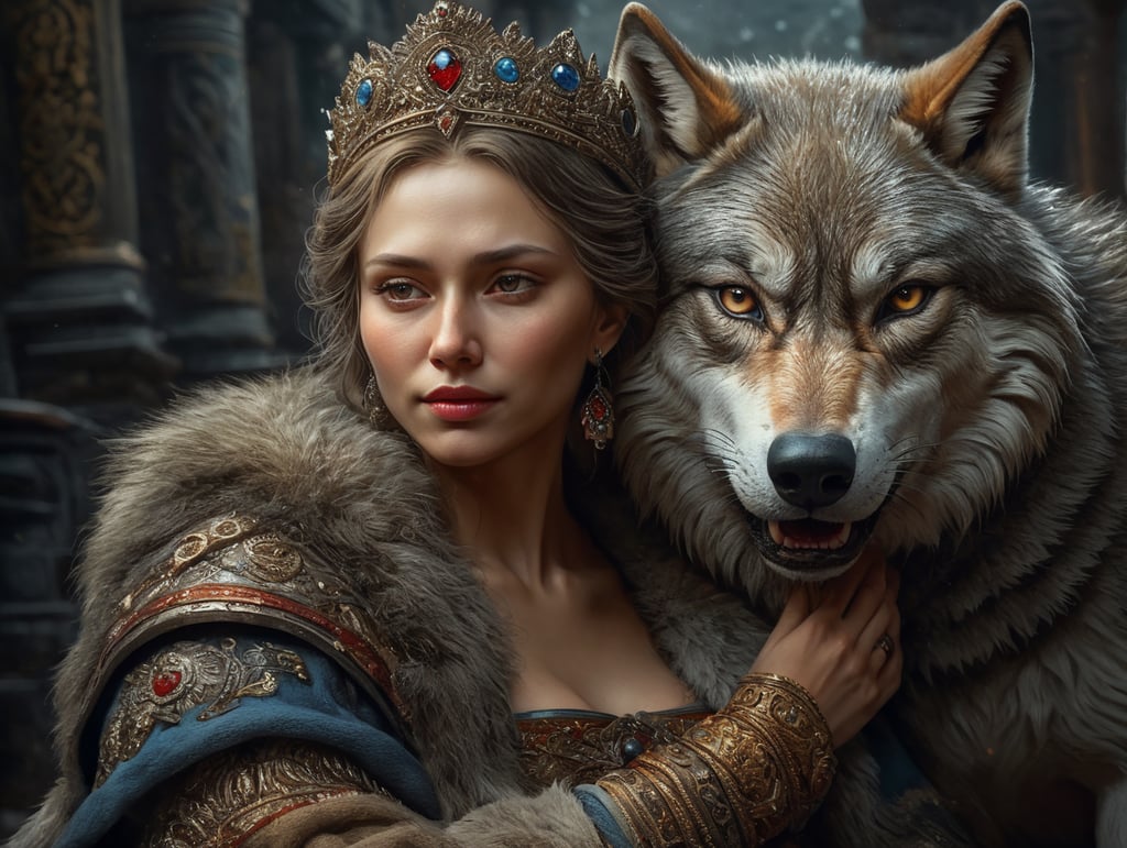 Russian fairytale woman embraces wolf