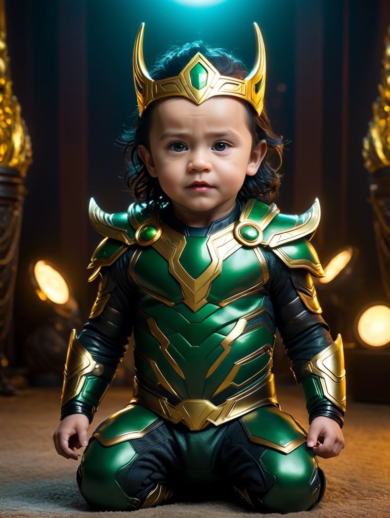 baby version of loki marvel with black hair full with Loki crown, full face,neon light photorealistic, masterpiece,full body photography, Ultra realistic, epic details, photorealistic, Cinematic, Ultra HD, Professional photography