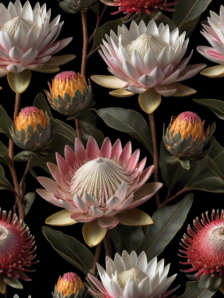 Detailed king proteas and pincushions against a black backdrop by martin johnson heade, artstation