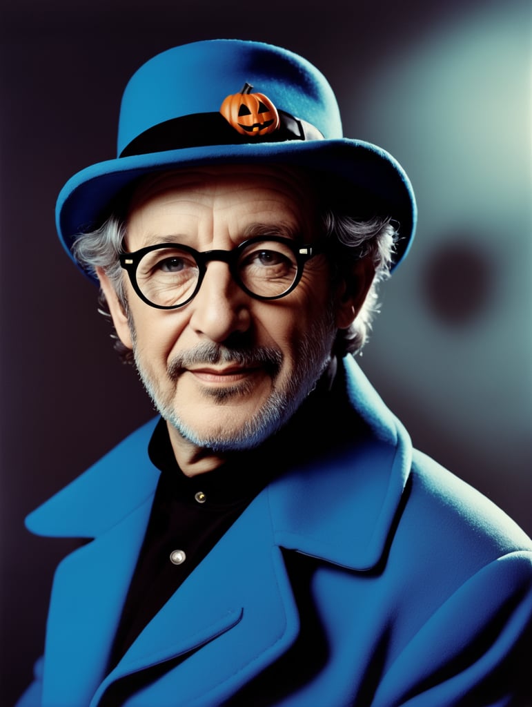 Steven Spielberg in Halloween costume, retro style, 60s, Vivid saturated colors, Contrast color, Blue and black colors