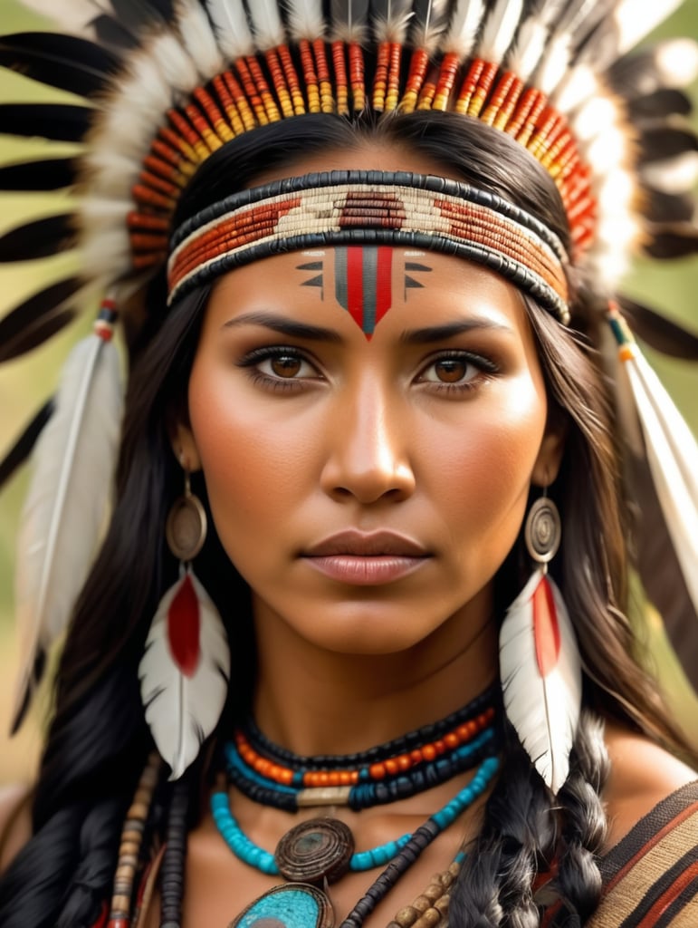 a realistic cinematic close-up of a beautiful Native American woman from the Amazon, indigenous woman, Indian queen South America, stunning Native American princess Amazon, Amazonian art, indigenous arts, dignified princess, beautiful woman from the Amazon Amazon, a beautiful proud female warrior leader, Indian iconography, beautiful art of colors! Native American woman, photo of a very beautiful Native woman.