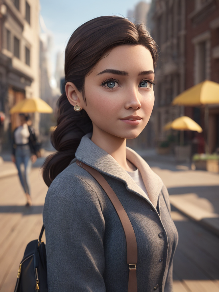 girl, 3d character, cartoon, disney, pixar, render, neutral detailed background of city