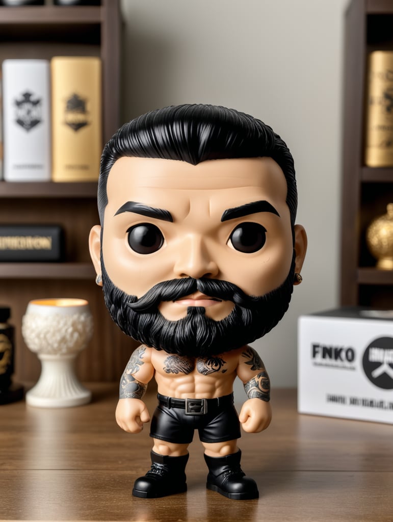 Funko figure of a man, WITHOUT MOUTH, called PAOLO, wearing black shorts, black beard, black hair, earring in one ear, defined abdomen and strong chest, small tattoo on the left arm. Funko is displayed inside and outside of a limited edition BLACK and WHITE Funko box, allowing for visibility of the figure, typography and 3D rendering. Background ON TOP OF A TABLE WITH AN ELEGANT ROOM BEHIND.