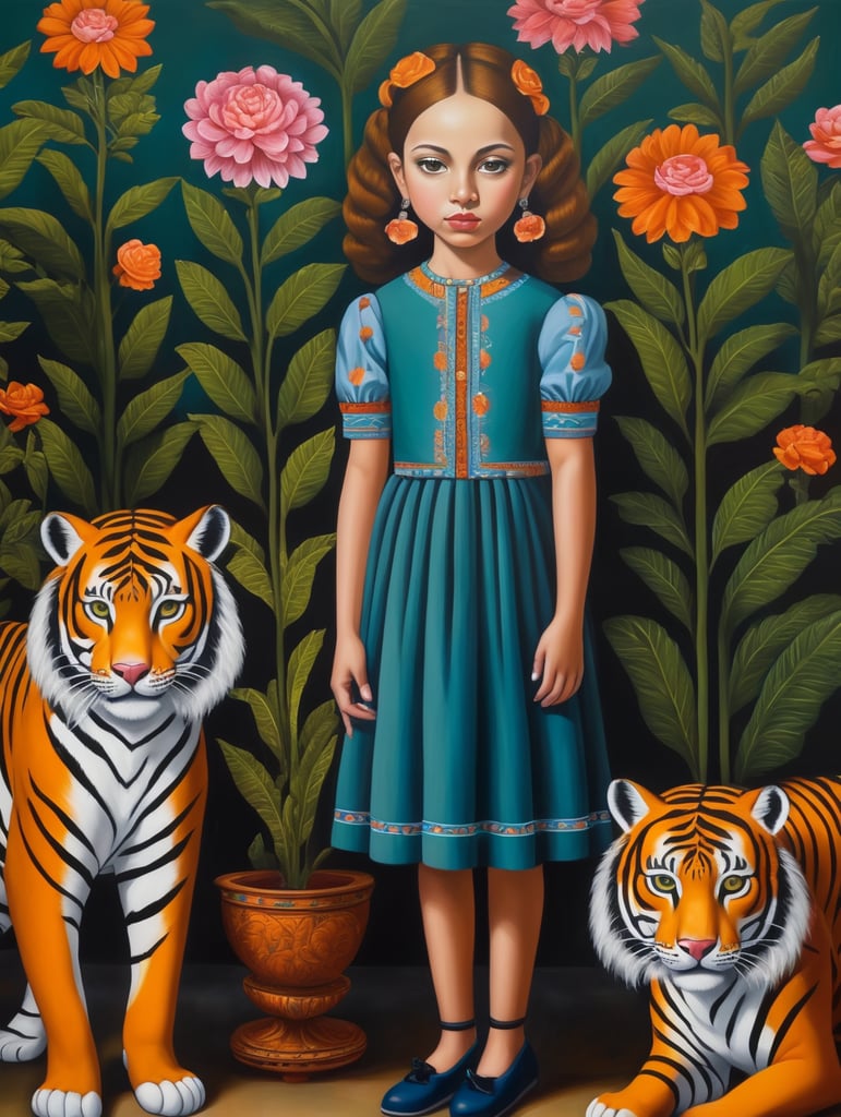 a girl with tiger, style of Catherine Nolin, Painting, Acrylic, Oil, Portrait, Interior, USA