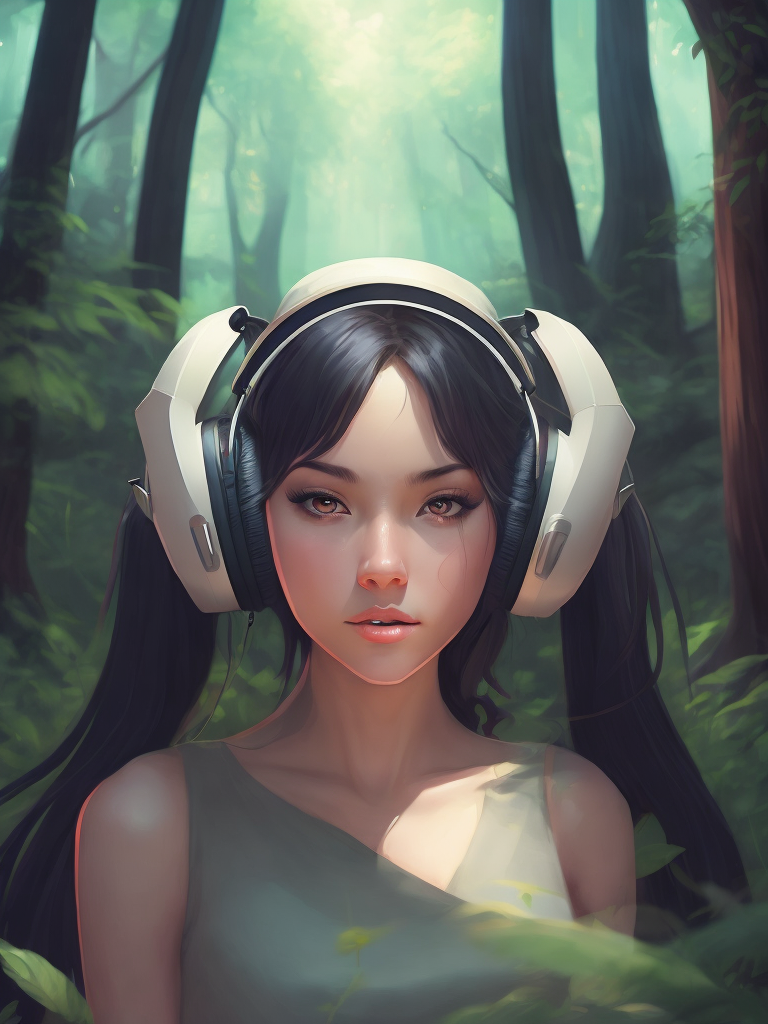 Beautiful girl listening to relaxing music with her headphones that takes her to a surreal forest, art by ilya kuvshinov and wlop, intricate, sharp focus, trending on artstation