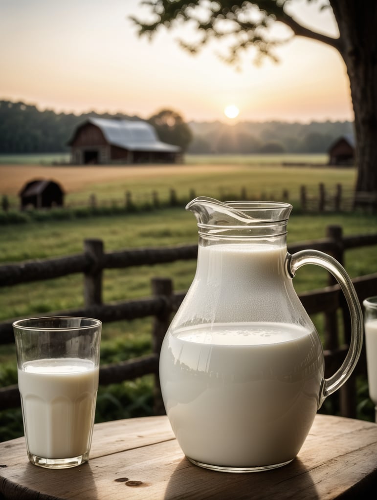 A mockup of a jug of milk, early morning, farm blurred background