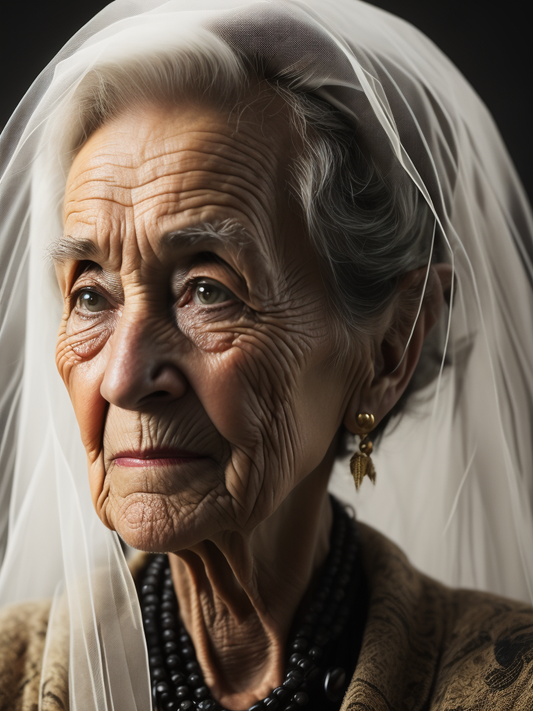 An ultrarrealistic photo of a beautiful woman seat, over 85 years old, sad look, only covered by a transparent white flowing veil, soft light, side light, white background, perfect skin folds