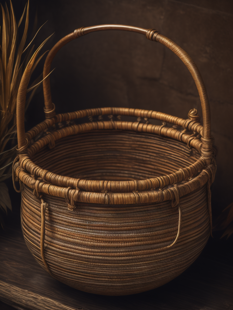 Foto de artesanía precolombina, una canasta hecha a mano con hojas de palma seca