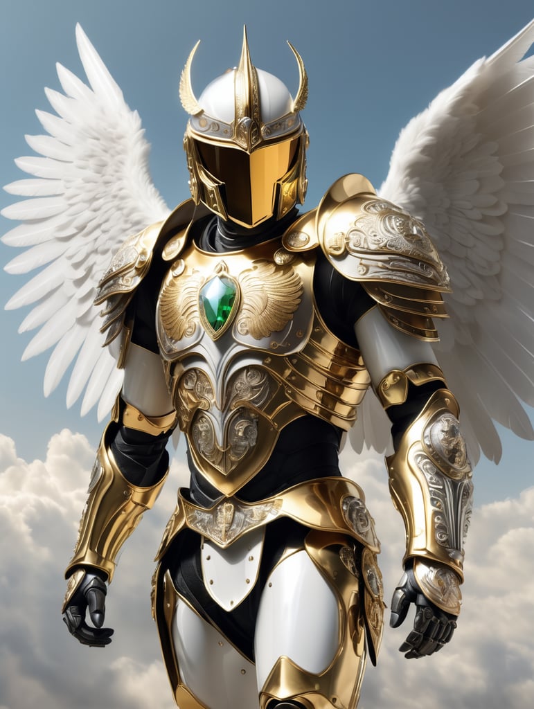 Cyber knight wearing white and gold chrome winged helmet and jewel engraved armor, shining reflections, walking in the clouds, photorealistic, hyper-detailed, peaceful atmosphere