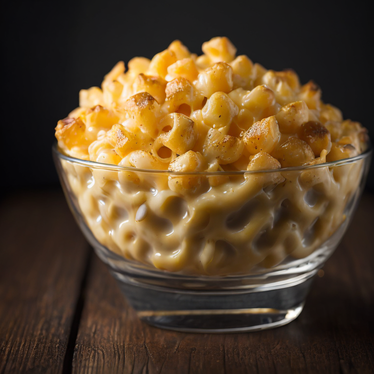 hot mac n cheese in a glass bowl on wooden table, dark background, high in detail, dramatic light