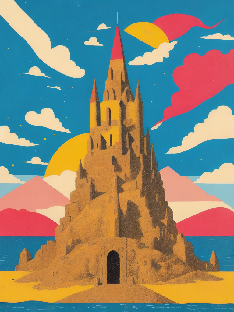 George Wilson's artwork is a colorful illustration of a sand castle against a bright sky, drawn on pulp paper.