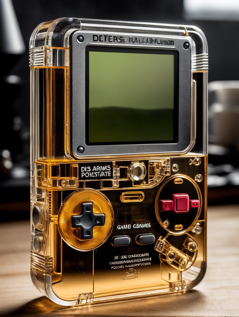 A see through polycarbonate game boy designed by dieter rams. industrial design inspiration. unreal engine render, natural lighting, on desk, beautiful shot