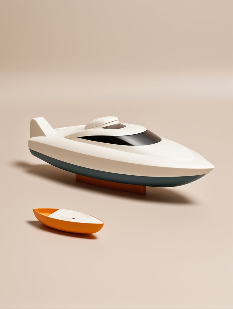 Bath toy chubby high speed racing boat designed by Dieter Rams. Simplistic minimalist post modernist product design. Oak and injection molded plastic. Full object in view.