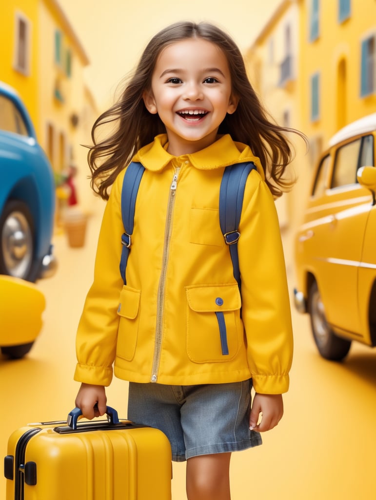 photo happy little girl going to travel, cute girl, dressed in all yellow, yellow background, harpers bizarre, cover, headshot, hyper realistic
