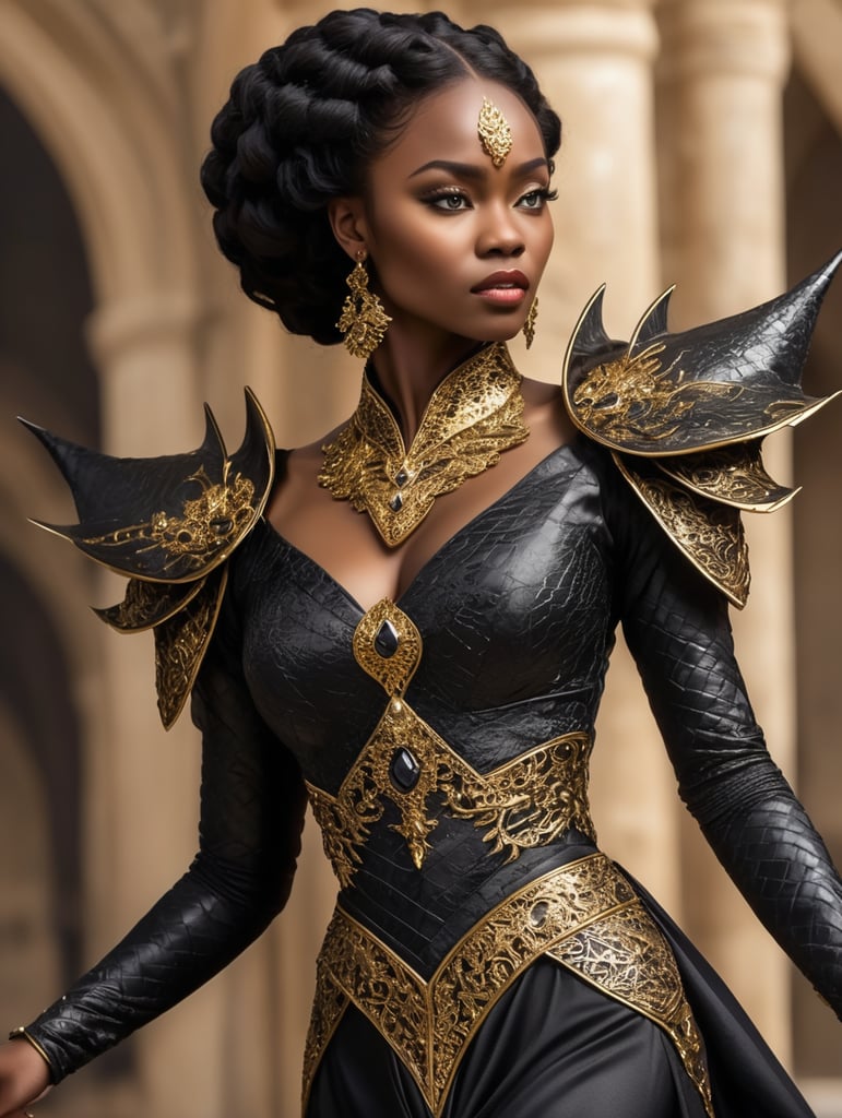 A black queen of Westeros, her skin rich as obsidian, strides confidently in a golden gown that dances around her ankles. A fearsome dragon, its eyes glowing like embers, perches majestically on the back of her dress, showcasing their intertwined power. Capture the essence of Game of Thrones, with a mix of medieval grandeur and raw, untamed beauty.