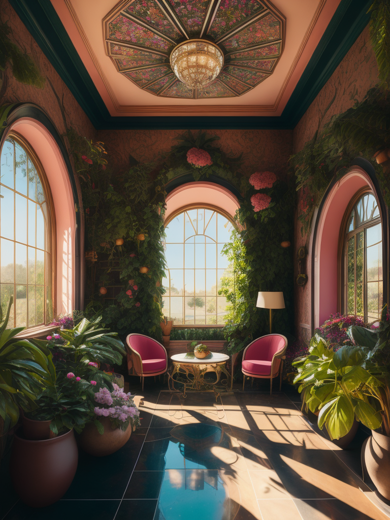 Architectural photo of a maximalist pink solar green house interior with lots of flowers and plants, golden light, hyperrealistic surrealism, award winning masterpiece with incredible details, epic stunning pink surrounding and round corners, big windows, art space, green house walls and celling