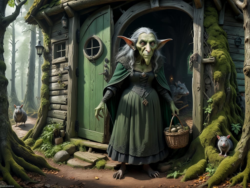 An old witch dressed in dark green, ugly with a big nose and warts, crooked back viewed from the front, grey rat by her feet, standing in the doorway of an old tumbledown cottage in the clearing of a forest. Viewed from the outside.