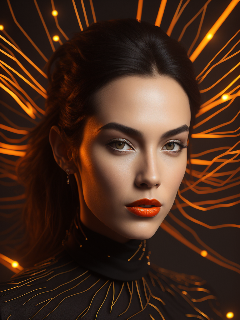 a fashion studio photo of a woman dressed in a black dress made of electrical wires, perfectly lit, solid orange background, Vivid saturated colors, Contrast color, studio photo, professional photo, Rich colors, Detailed image, detailed face