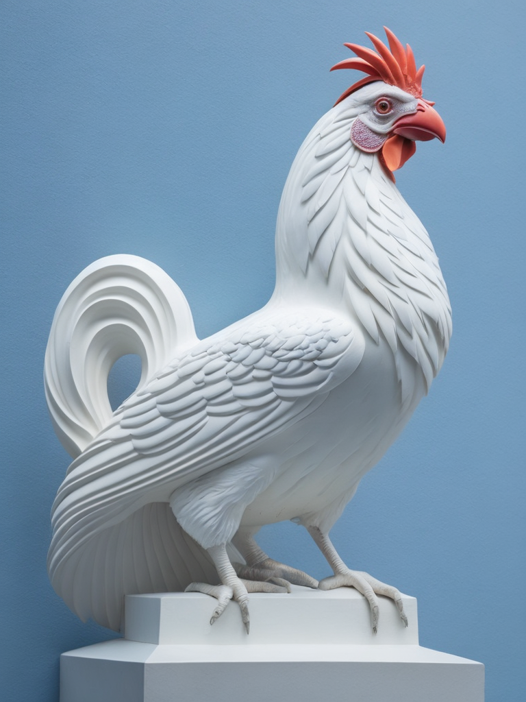 Create an all white statue depicting a majestic rooster. The lighting should highlight the artwork and create a dramatic atmosphere. The background should be a light blue sky.