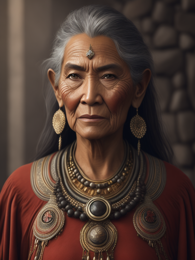 North American indigenous woman old red dress grey hair