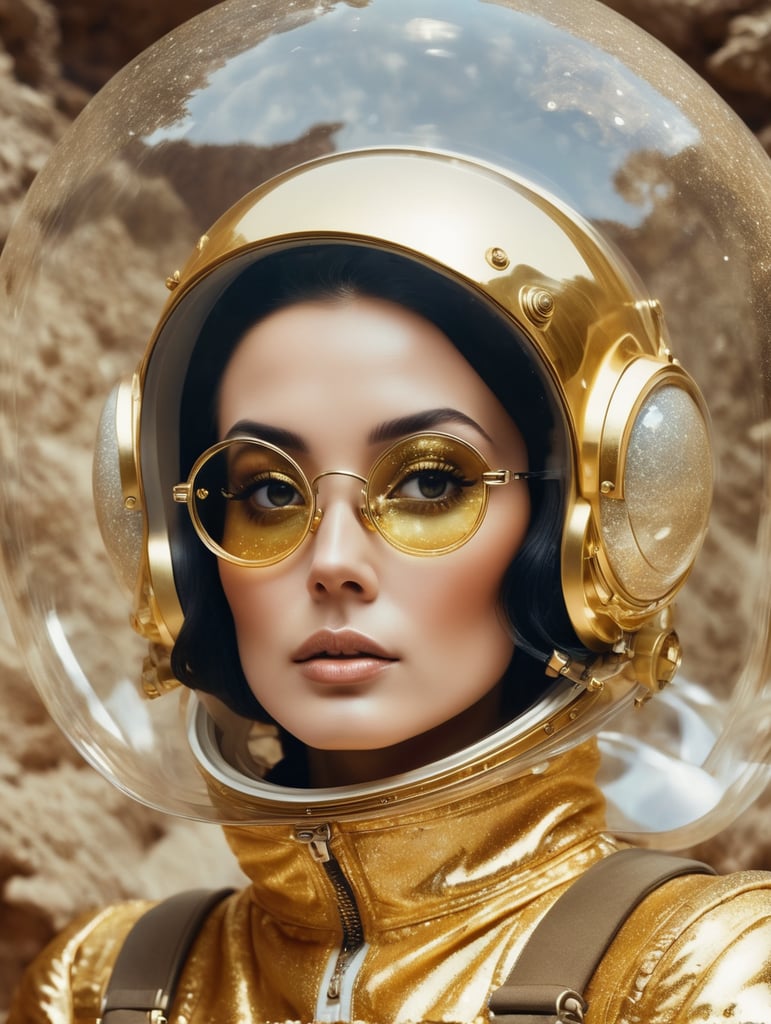 Photography on Santorin planet, 60'S gorgeous astronaut woman in an glitter transparent gold astronaut spacesuit wearing a large transparent plexiglass helmet glasses, 80 degree view, art by Sergio Lopez , Natalie Shau, james jean and salvador dali