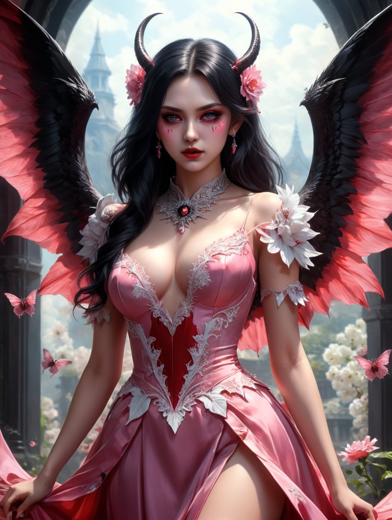 an anime vampire, pink dress with a flower design, black hair, one eye pink-one eye blue, white wings, red devil horns, a girl
