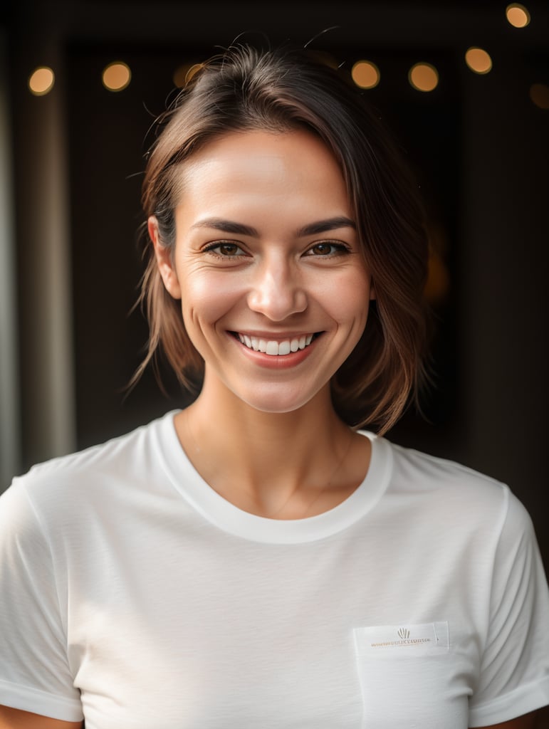 realistic portrait photography of a woman in white t shirt smiling into the camera