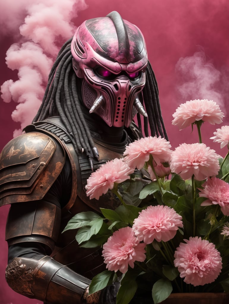 Predator without a mask, old pub, sniffing a large bouquet of flowers, pink smoke background