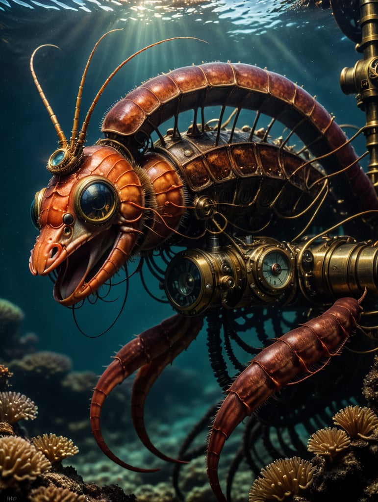 image beautiful steampunk unique artwork fantasy, steampunk style deep sea shrimp (Sergestes similis), skilled steampunk craftsmanship, isolate, deep ocean dark setting,