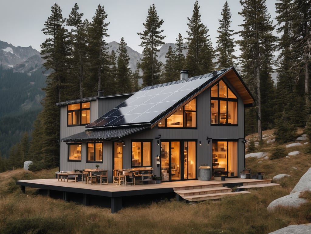 tiny mountainhouse, big windows and solar panels