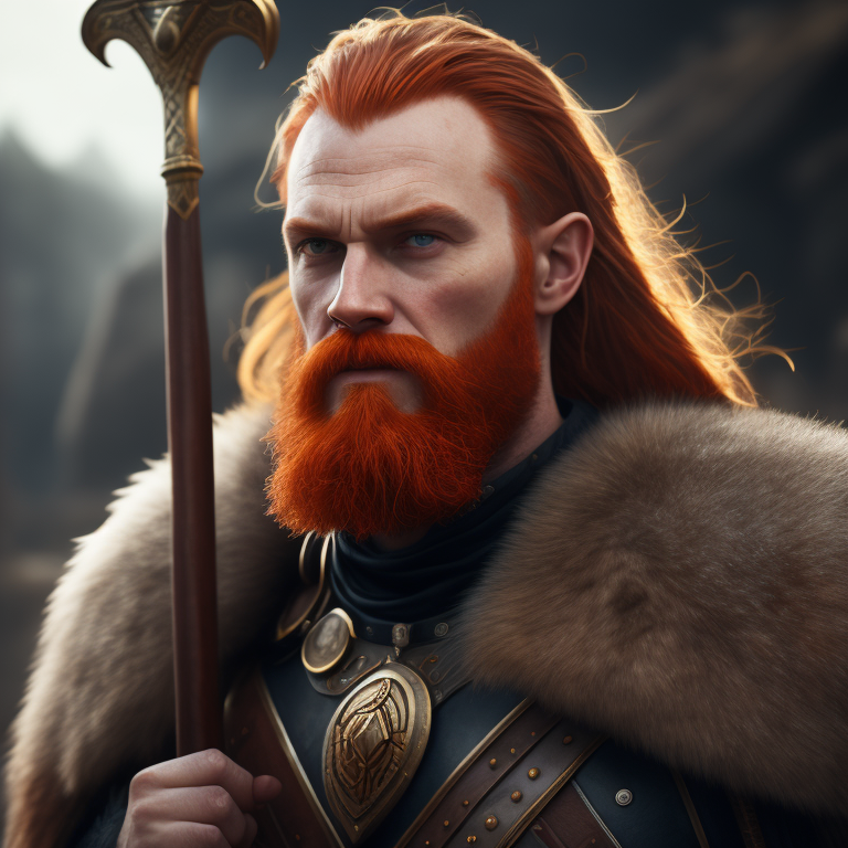 Викинг с мечом и топором, длиннобородый, рыжий