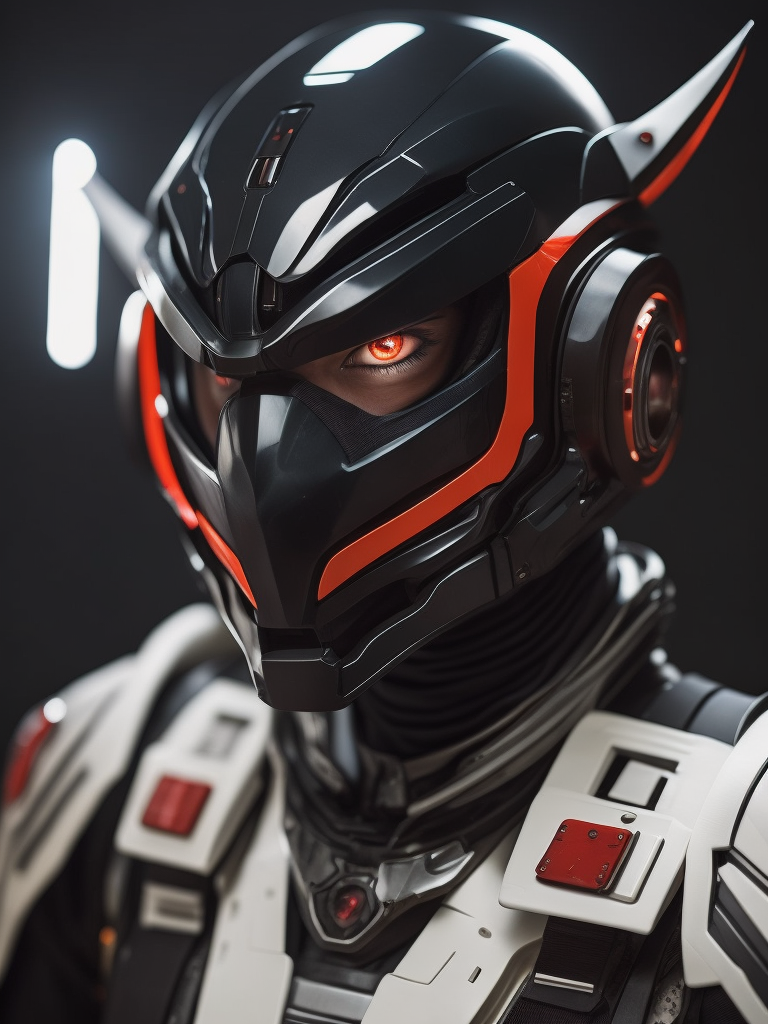 an android wear a mask that is white with red eyes, in the style of cyberpunk realism, concept art, mecha anime, matte photo, distinctive noses, realistic chiaroscuro, close-up