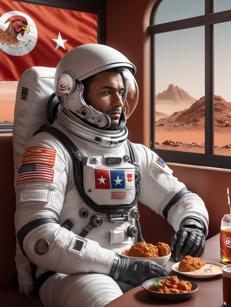 An astronaut sitting in a bistro on the surface of Mars, Turkish flag emblem on his shoulder, KFC chicken drumstick in his hand, realistic, high detail