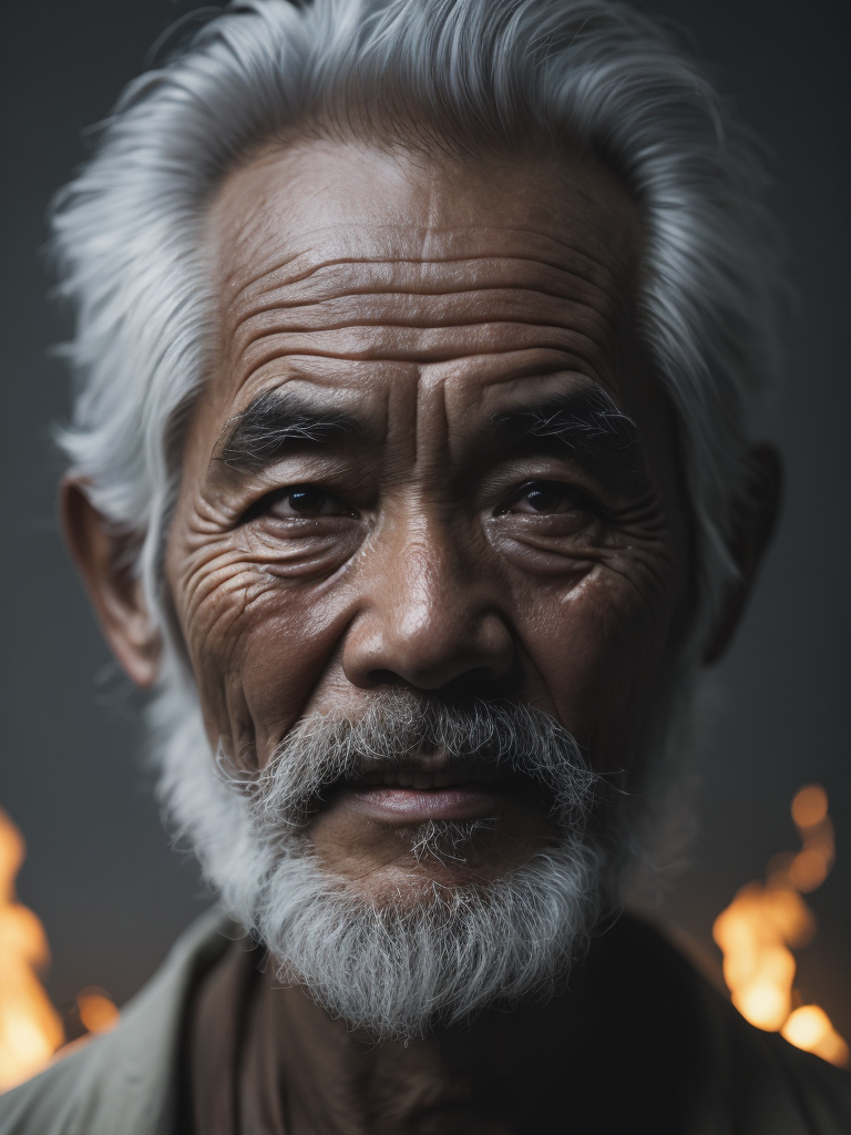 A close-up of a Vietnamese old man's face, illuminated by the light of a fire, with a backdrop of a dirty river and a shanty town.