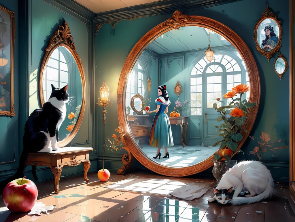 Комната под крышей винтаж Цветок отражается в зеркале.стоит колдунья внутри зеркала и принцесса Белоснежка с яблоком в руке. Кот