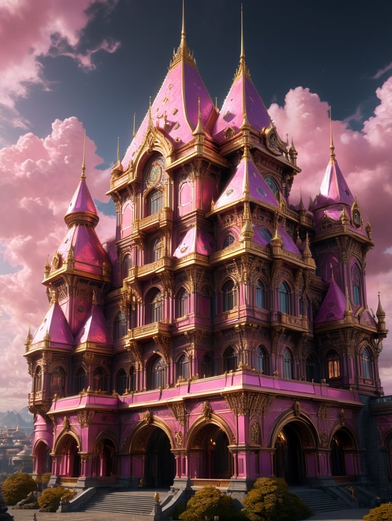 Дворец принцессы в золотых и розовых цветах, футуристичное будущее